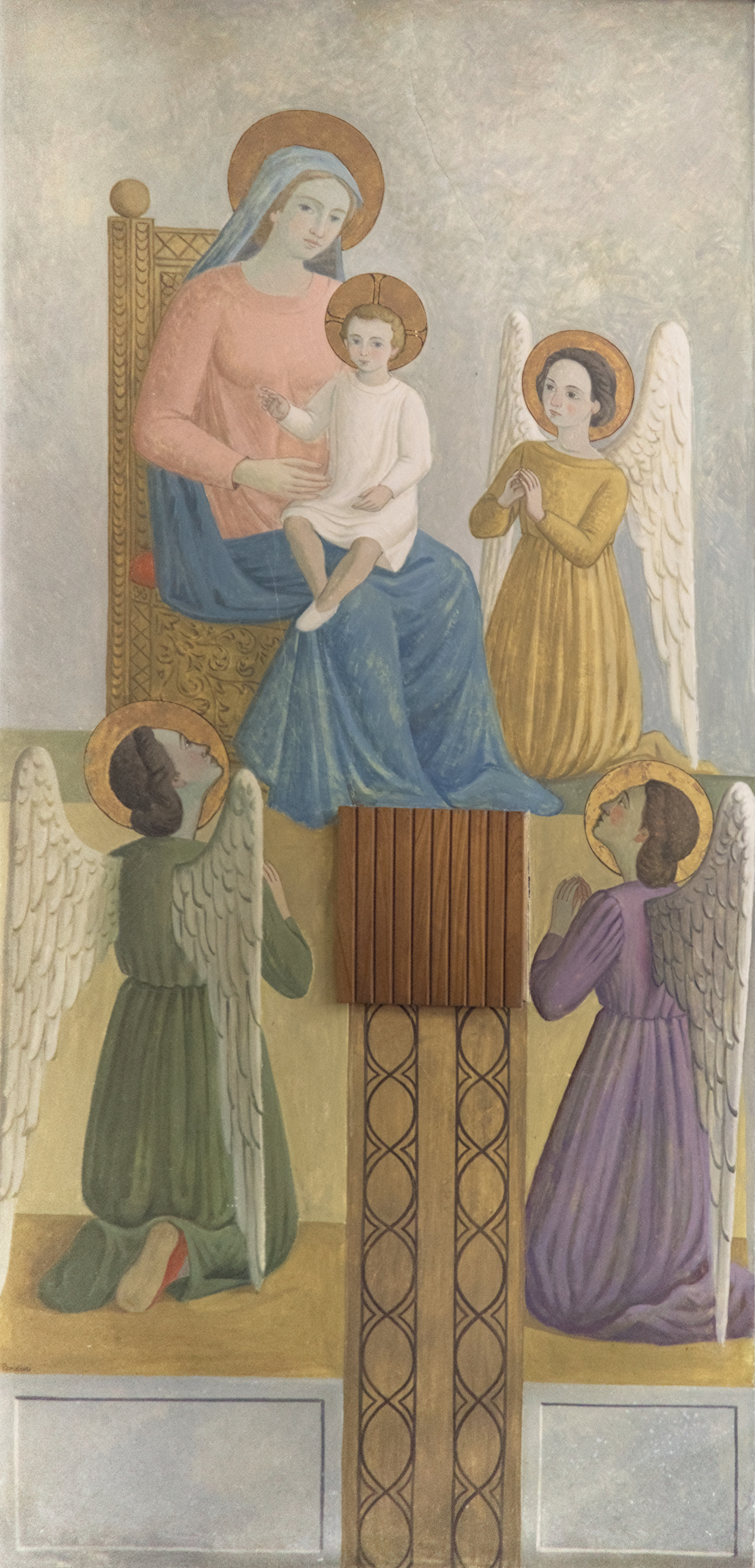 Fulvio Pendini, *Madonna in trono col Bambino e angeli*, tempera su intonaco, 1959, cappella del CUAMM (Giulio Brunetta, 1959), via S. Francesco 126, Padova