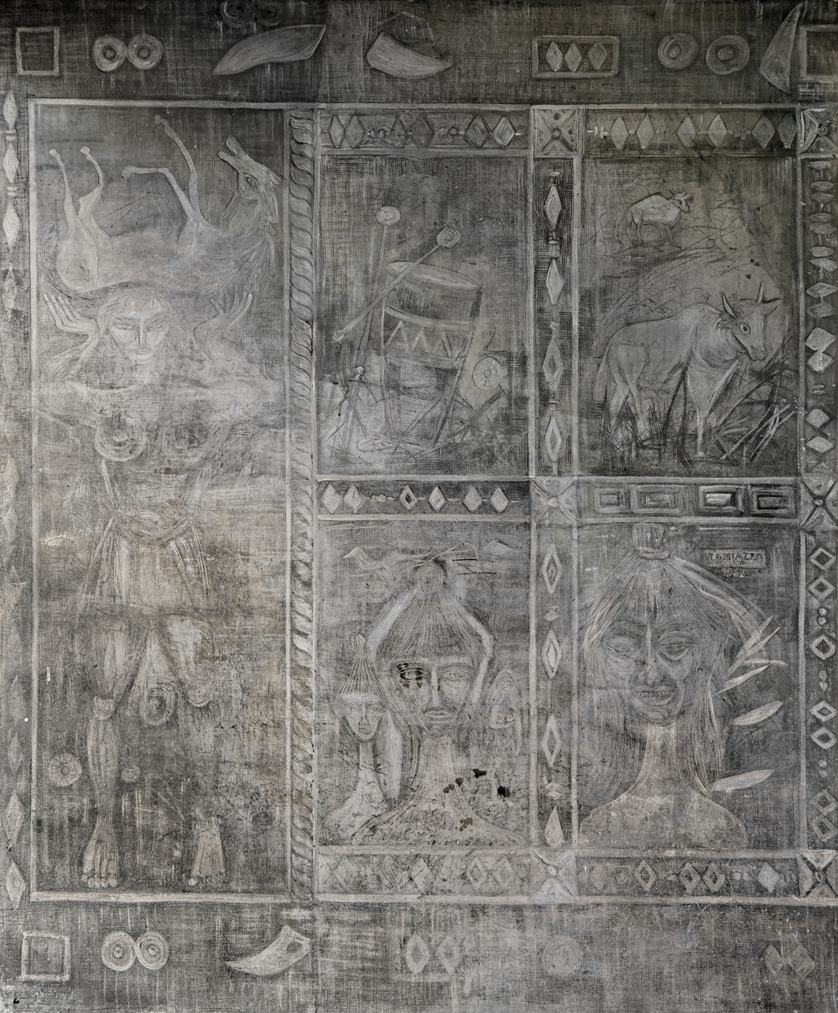 Ennio Tamiazzo, graffito all'esterno del Columbus Thermal Pool, 1960-63, via Martiri d'Ungheria 22, Abano Terme (Padova)