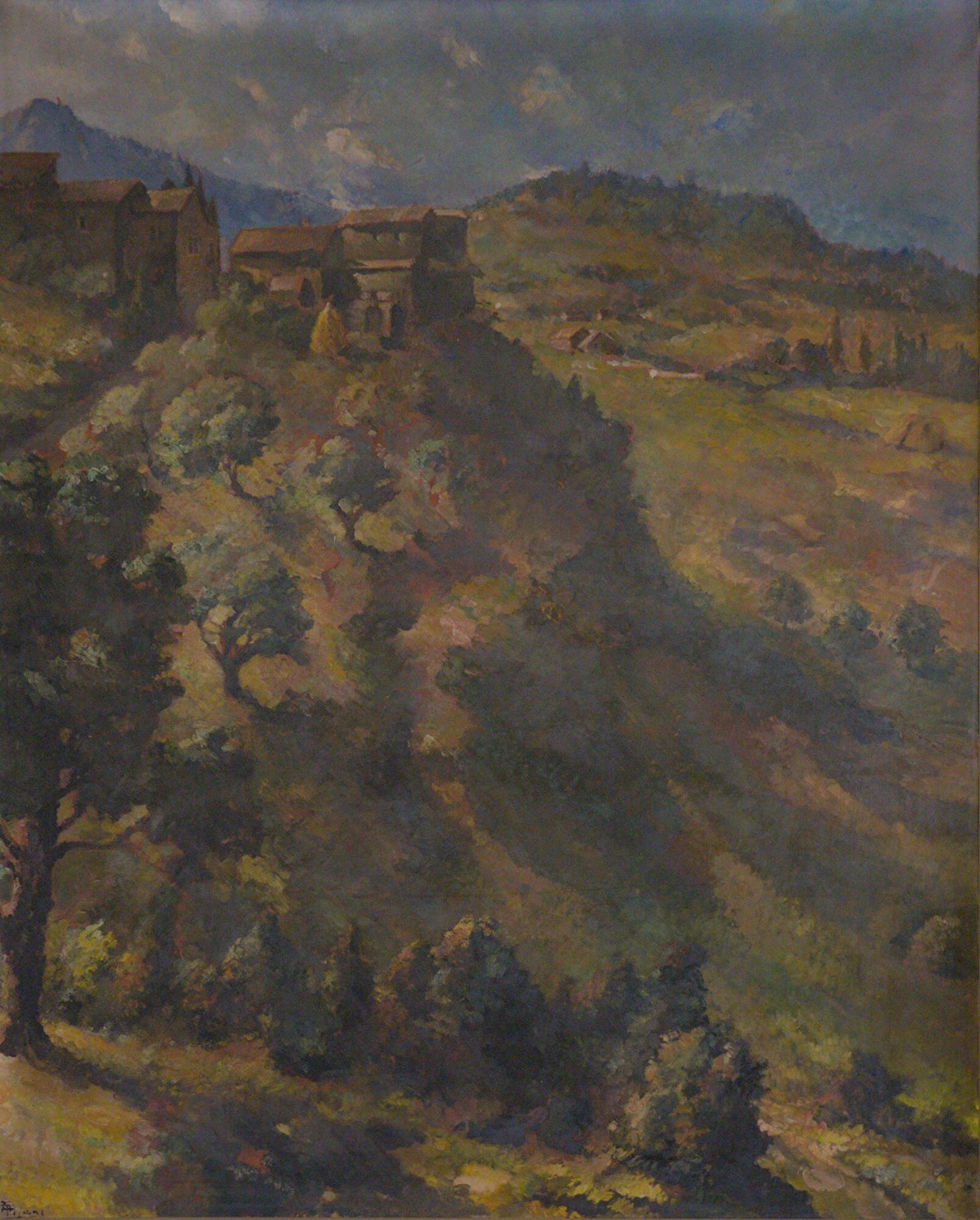Angelo Pisani, *Veduta di Arquà Petrarca*, grande dipinto su tela, 1937, palazzo Santo Stefano, ala ristrutturata da Angelo Pisani nel 1934-35, piazza Antenore 3, Padova