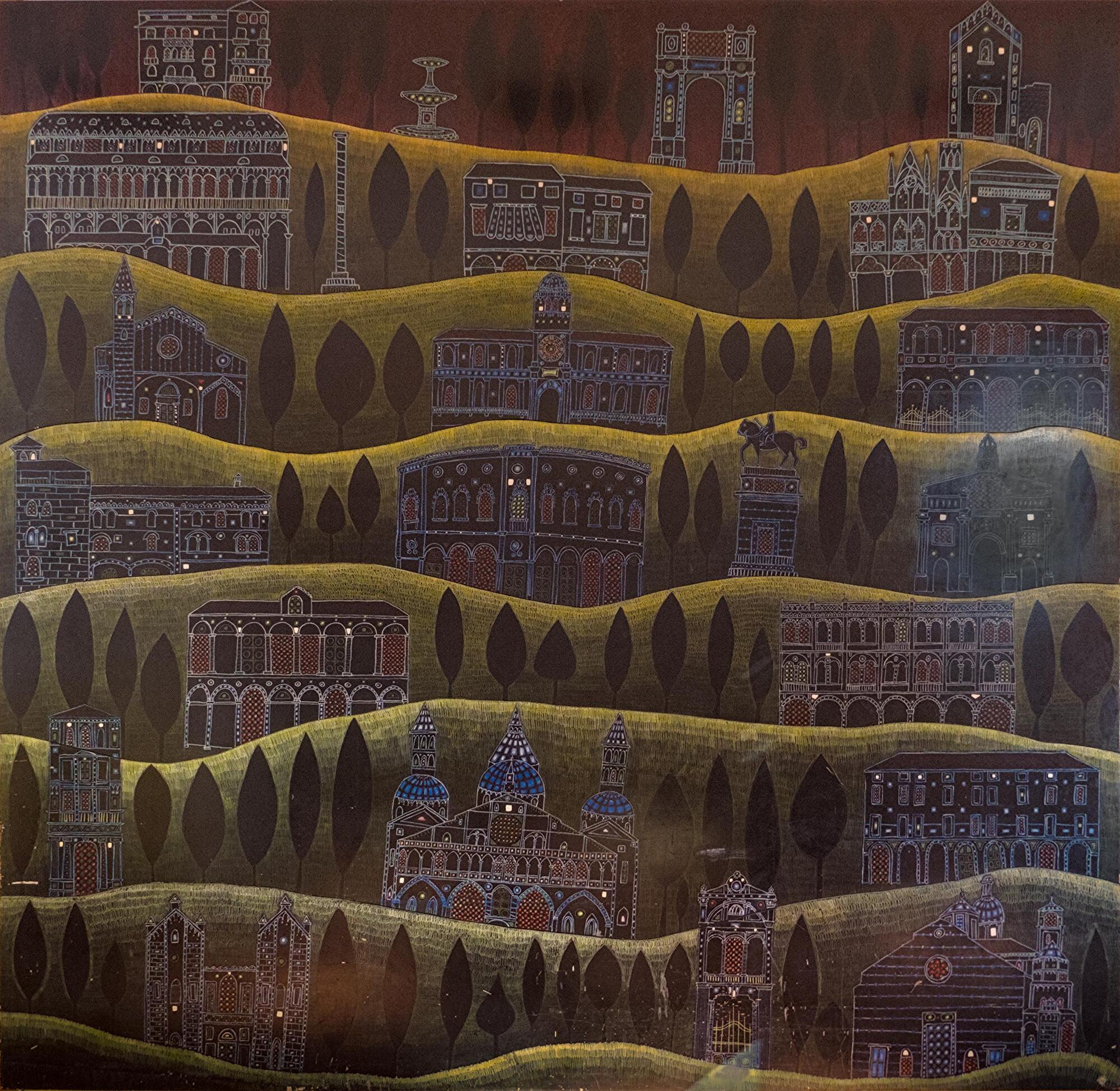 Gianmaria Potenza, grande pannello ligneo dipinto, 1961-62, originariamente collocato presso la filiale padovana del Banco di Roma, Casa Leonardo, via dei Colli 108, Padova
