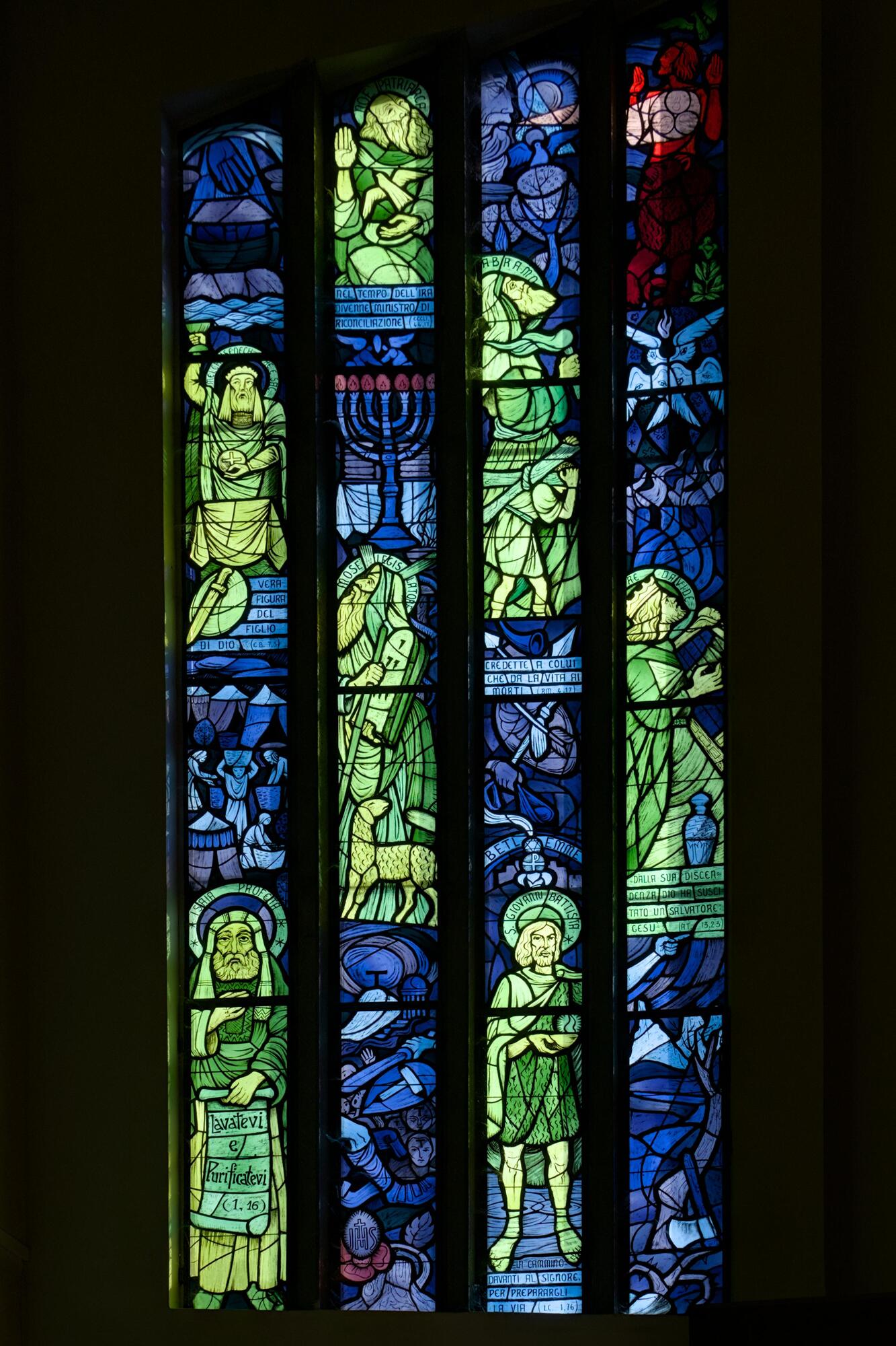 Luciano Bartoli (realizzazione: Caron vetrate d'arte, Vicenza), vetrate del prospetto, 1968, chiesa di San Bartolomeo apostolo in Tencarola (Giovanni Piantella, 1950), via Padova 2, Tencarola di Selvazzano, Padova
