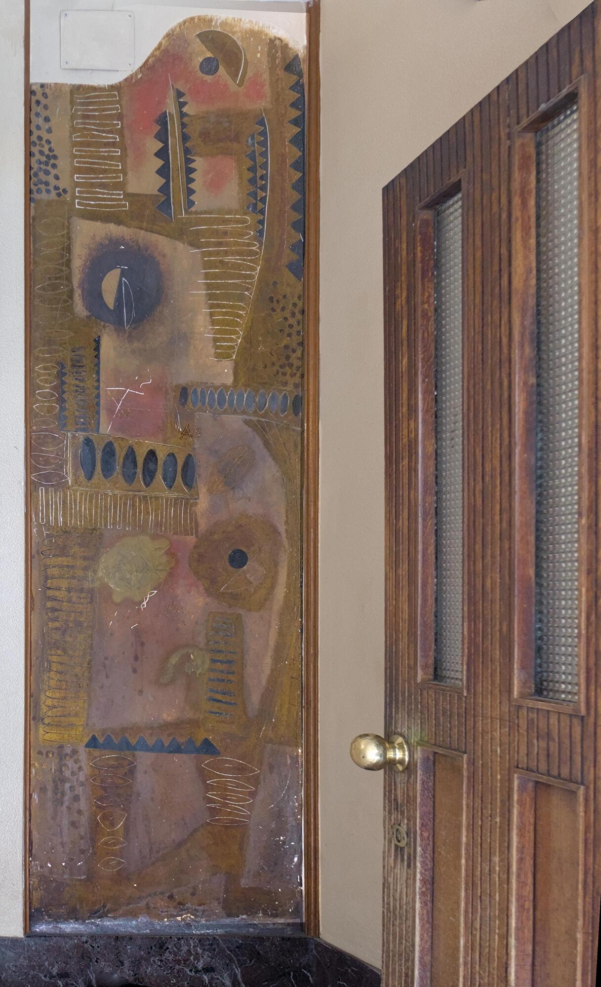 F. Varotto, dipinto murale, 1958, ingresso di condominio, via Santa Sofia 54, Padova