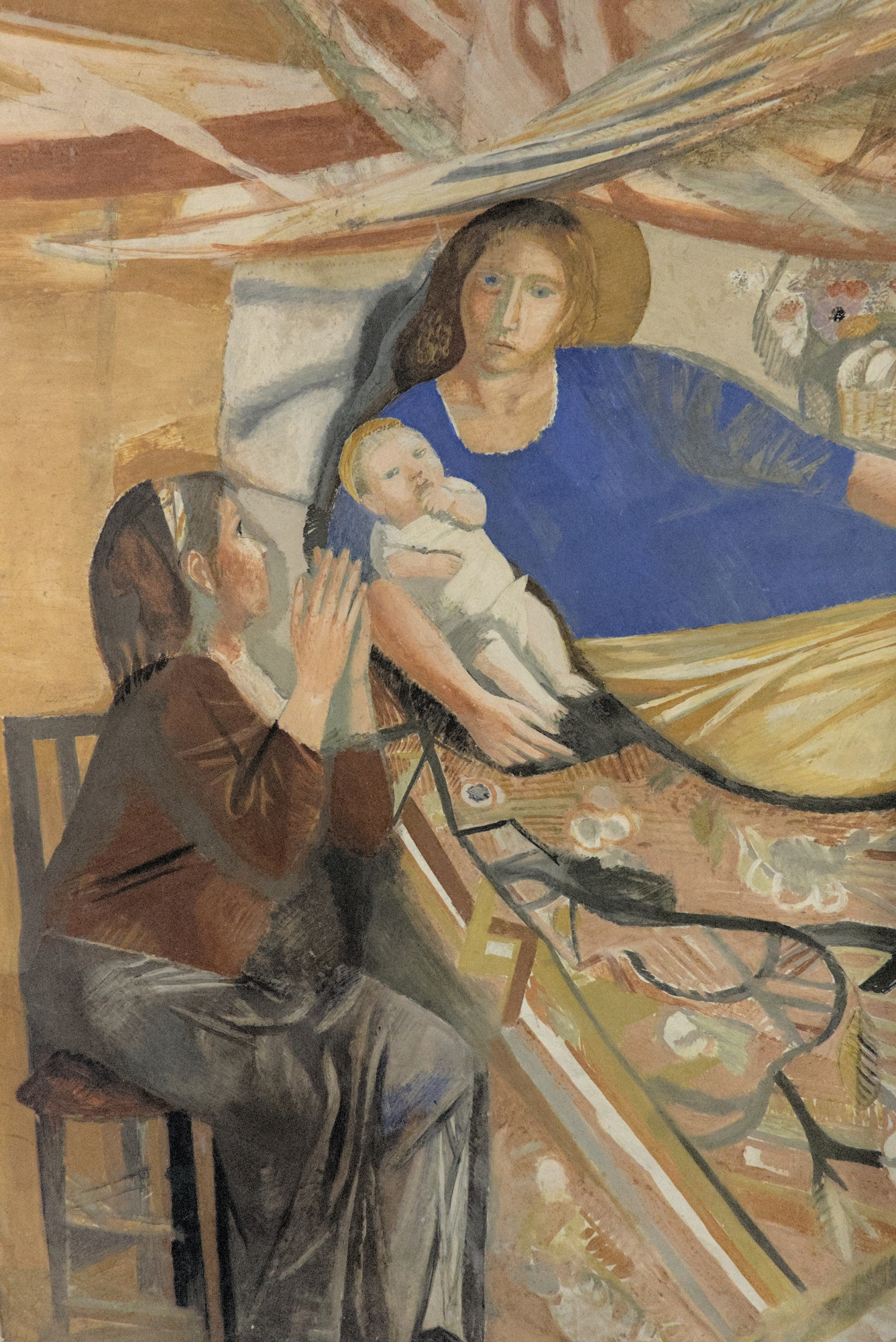 Bruno Saetti, *Sacra Famiglia*, affresco, 1955-56, abside della cappella della clinica ostetrico-ginecologica (Giulio Brunetta con Daniele Calabi, 1953-56), via Nicolò Giustiniani 3, Padova. La parte centrale dell'affresco è nascosta da puntelli di rinforzo strutturale