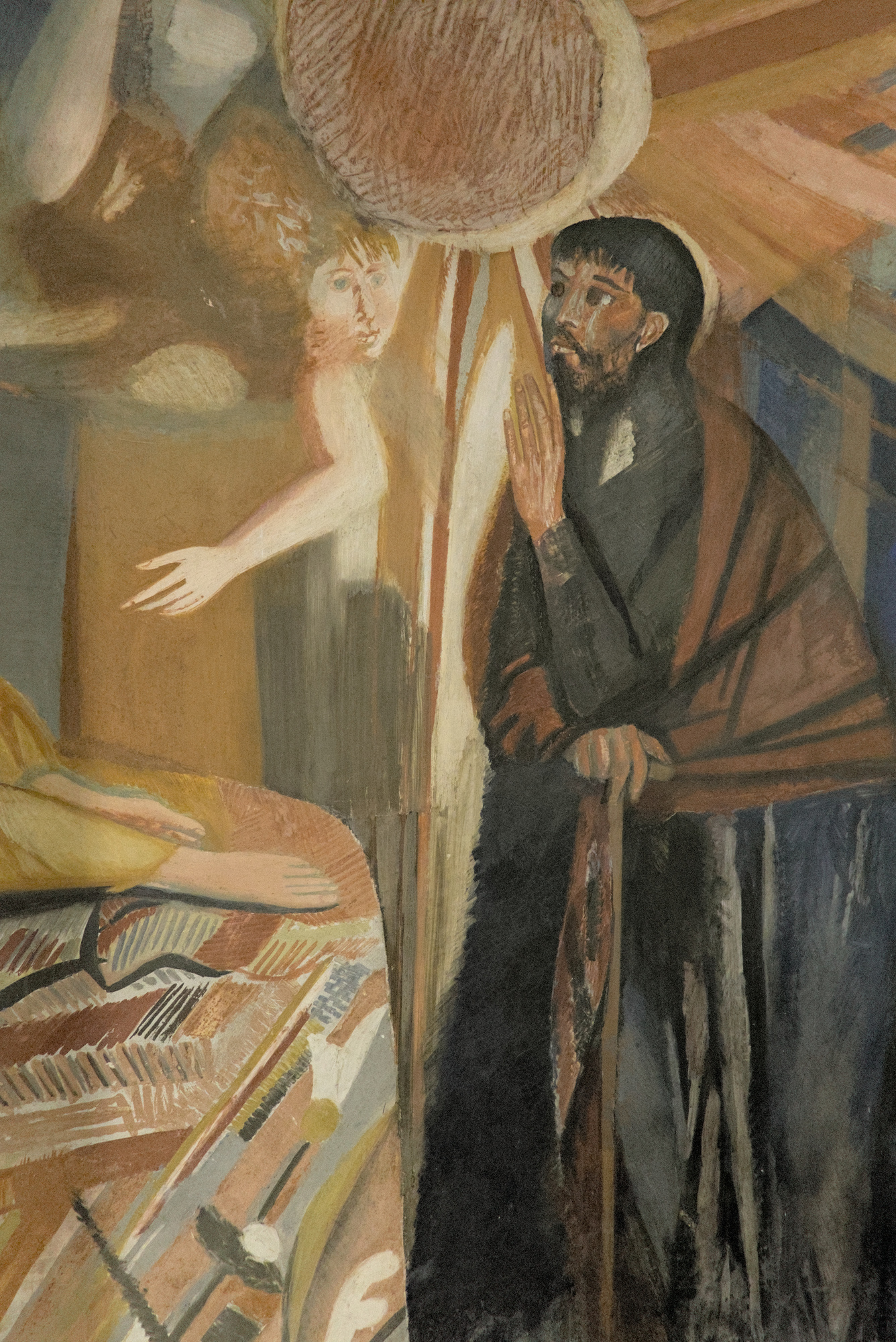 Bruno Saetti, *Sacra Famiglia*, affresco, 1955-56, abside della cappella della clinica ostetrico-ginecologica (Giulio Brunetta con Daniele Calabi, 1953-56), via Nicolò Giustiniani 3, Padova. La parte centrale dell'affresco è nascosta da puntelli di rinforzo strutturale