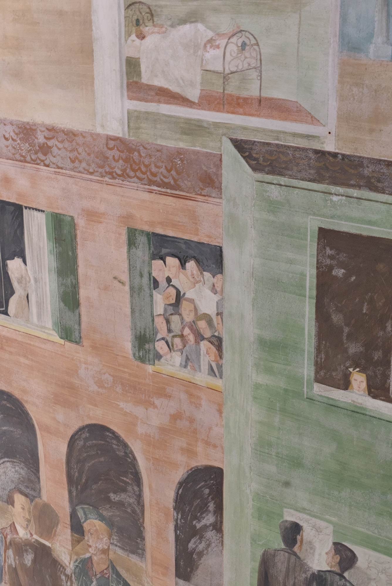 Giorgio Perissinotto (Peri), veduta di Padova con scene goliardiche, grande affresco, 1940, palazzo Bo, aula degli studenti, via VIII Febbraio 2, Padova