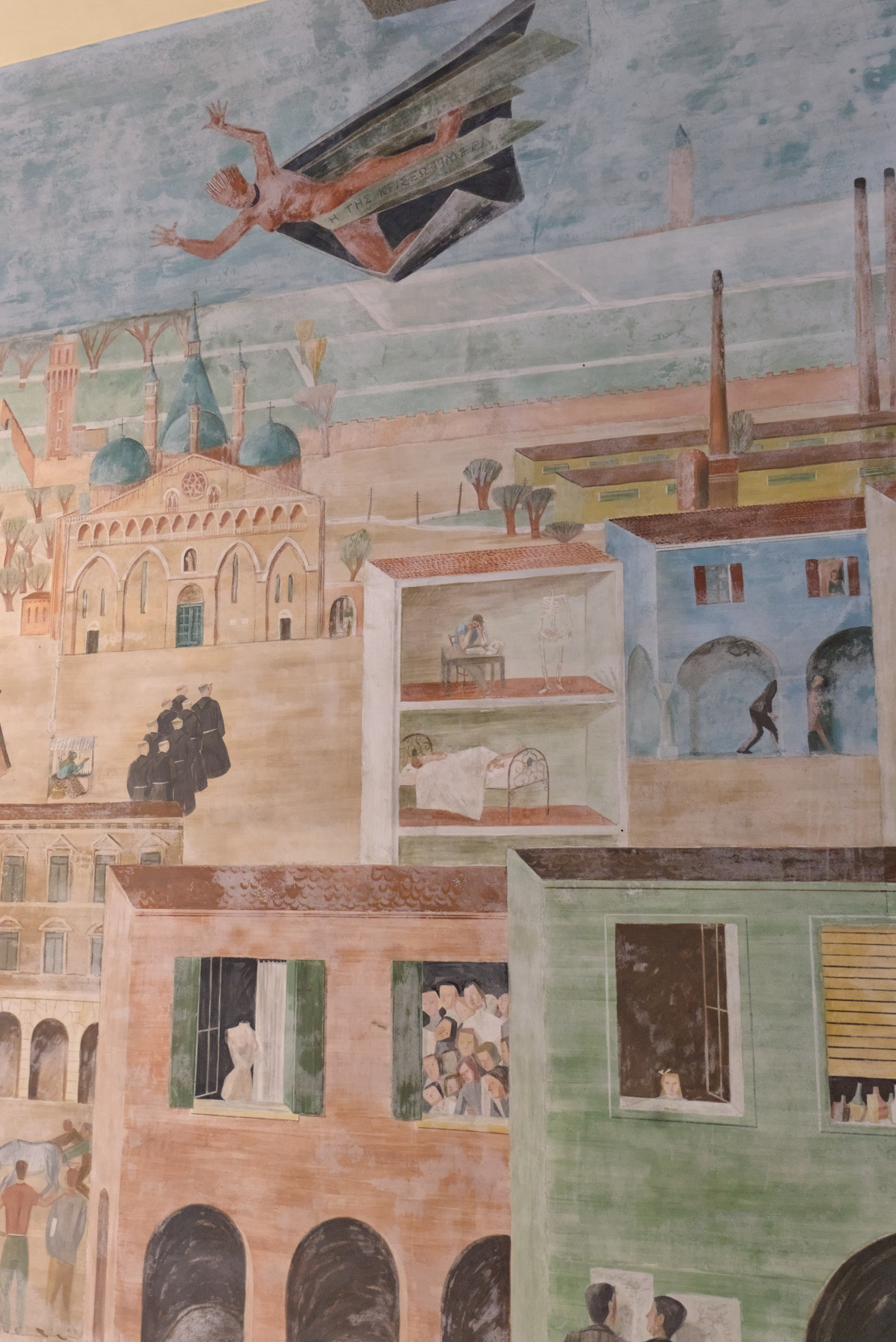 Giorgio Perissinotto (Peri), veduta di Padova con scene goliardiche, grande affresco, 1940, palazzo Bo, aula degli studenti, via VIII Febbraio 2, Padova
