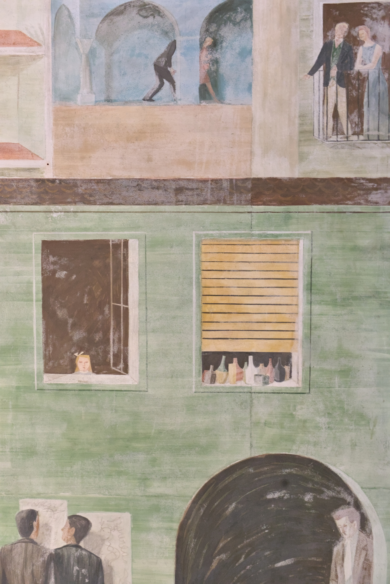 Giorgio Perissinotto (Peri), veduta di Padova con scene goliardiche, grande affresco, 1940, palazzo Bo, aula degli studenti, via VIII Febbraio 2, Padova
