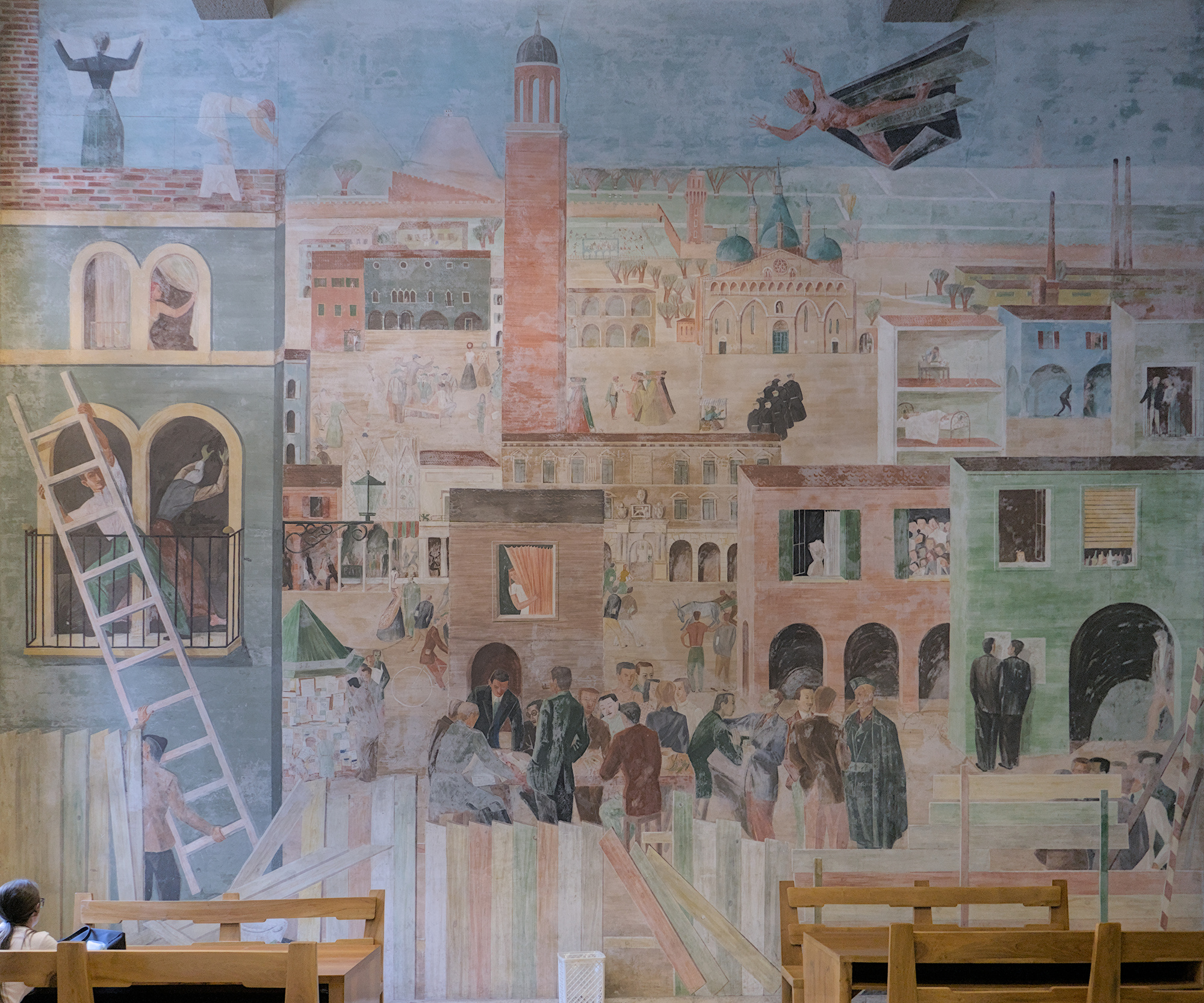 Giorgio Perissinotto (Peri), veduta di Padova con scene goliardiche, grande affresco, 1940, palazzo Bo, aula degli studenti, via VIII Febbraio 2, Padova