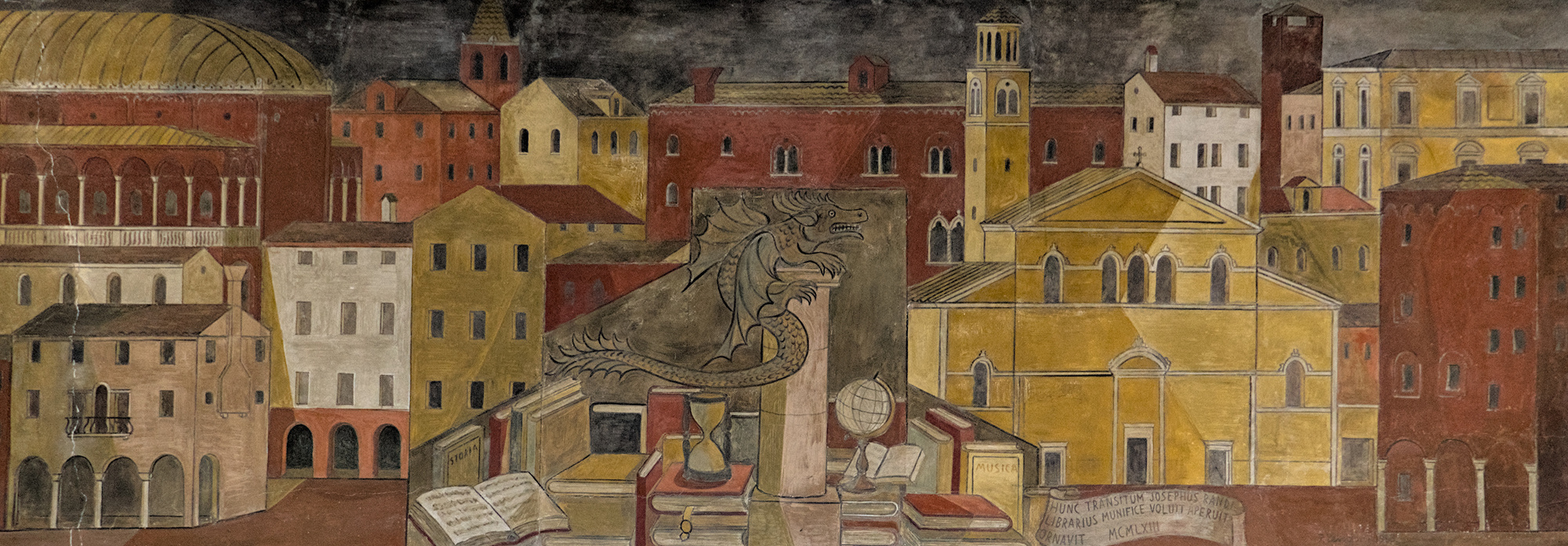 Fulvio Pendini, veduta di Padova con riferimenti iconografici alla libreria Draghi, iscrizione: *Hunc transitum Josephus Randi Librarius munifice voluit aperuit ornavit MCMLXIII*, 1963, Galleria Santa Lucia, Padova