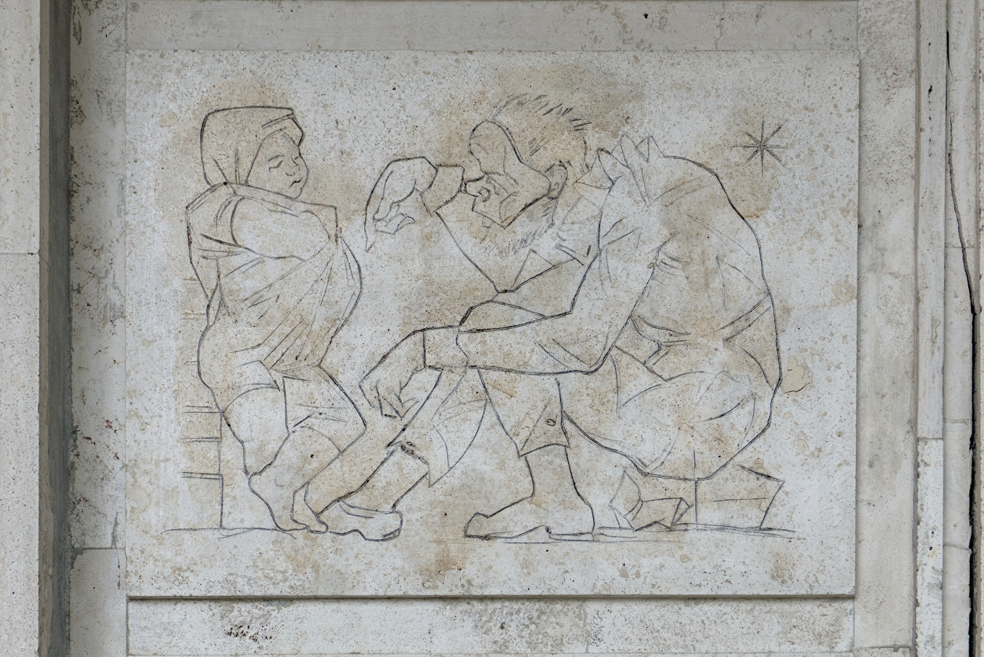 Amleto Sartori, graffiti su travertino con personaggi della commedia dell’arte, 1956, condominio (Giovanni Zabai e Gino Zardini, 1955-56), via Leonardo Loredan 34, Padova