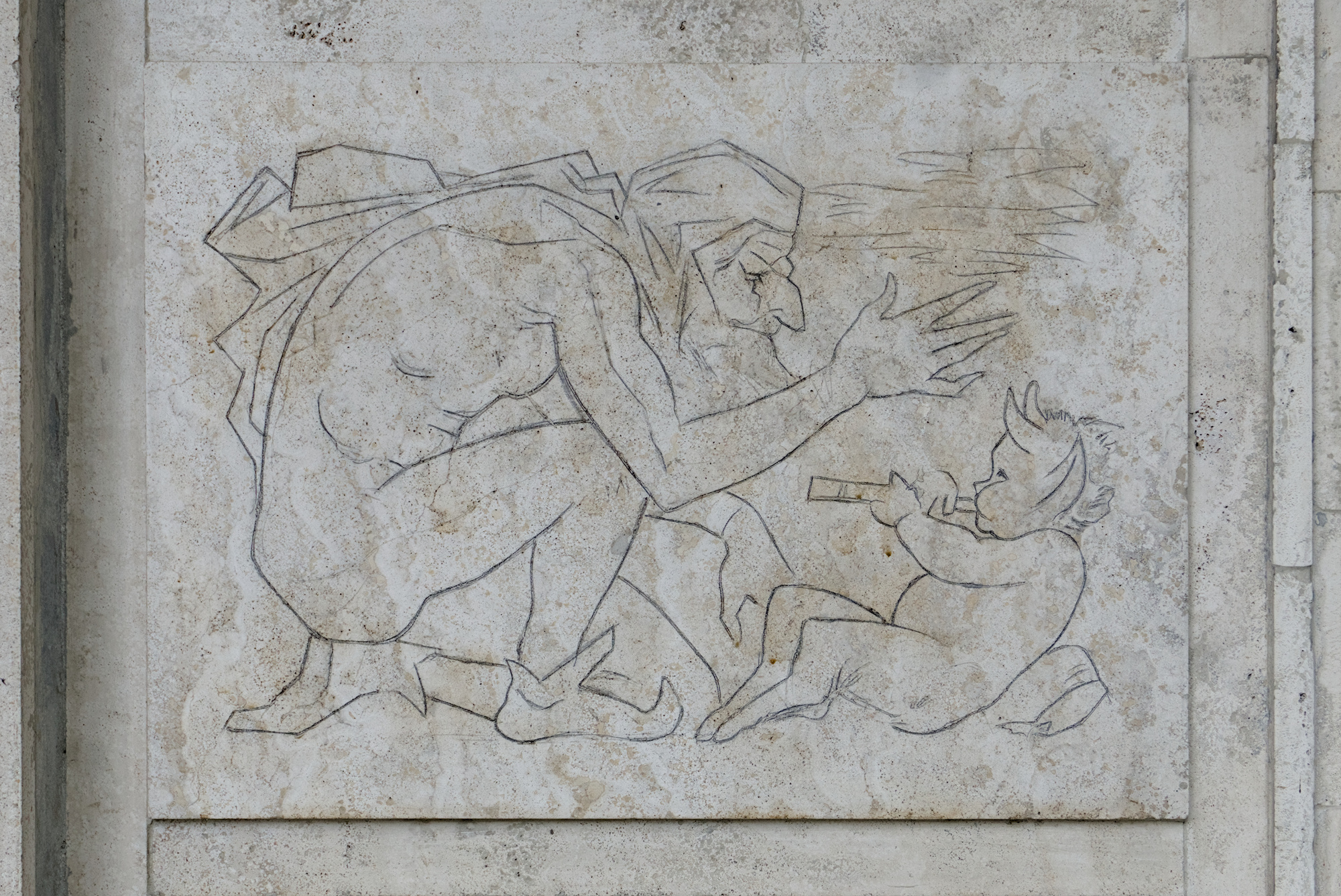 Amleto Sartori, graffiti su travertino con personaggi della commedia dell’arte, 1956, condominio (Giovanni Zabai e Gino Zardini, 1955-56), via Leonardo Loredan 34, Padova