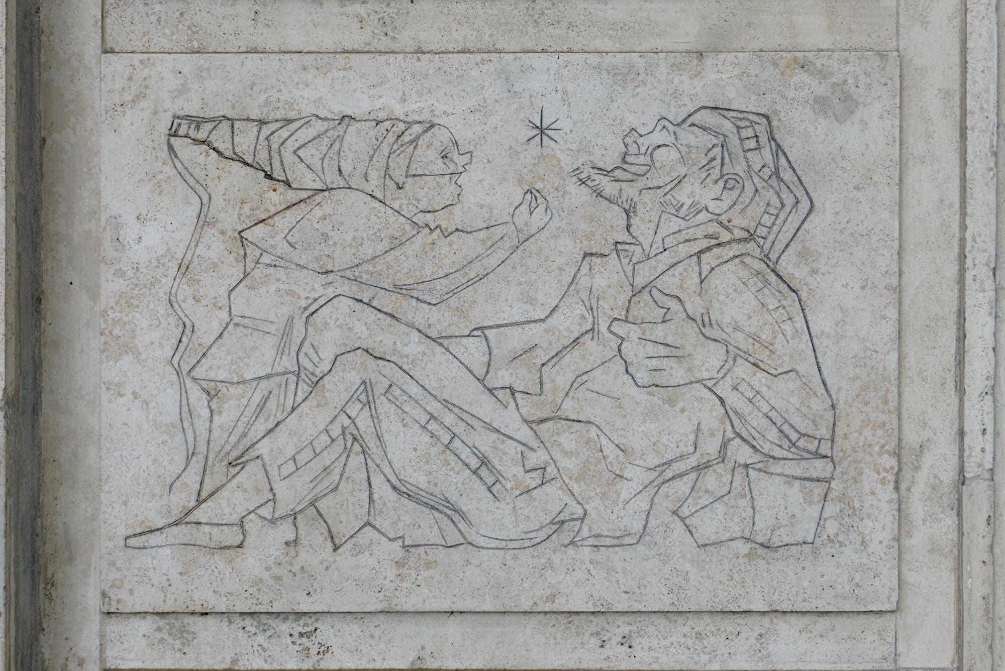 Amleto Sartori, graffiti su travertino con personaggi della commedia dell’arte, 1956, condominio (Giovanni Zabai e Gino Zardini, 1955-56), via Leonardo Loredan 34, Padova