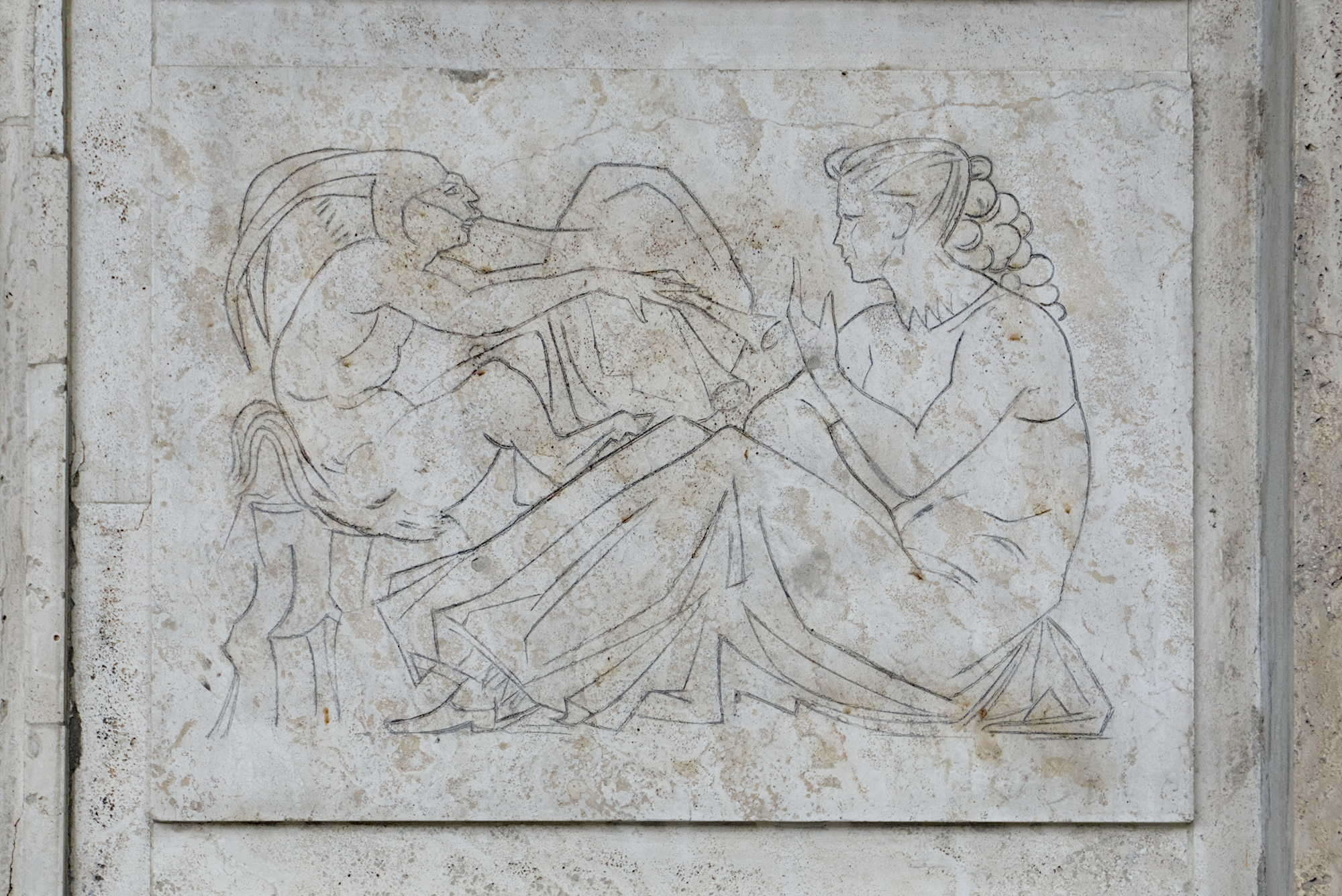 Amleto Sartori, graffiti su travertino con personaggi della commedia dell’arte, 1956, condominio (Giovanni Zabai e Gino Zardini, 1955-56), via Leonardo Loredan 34, Padova