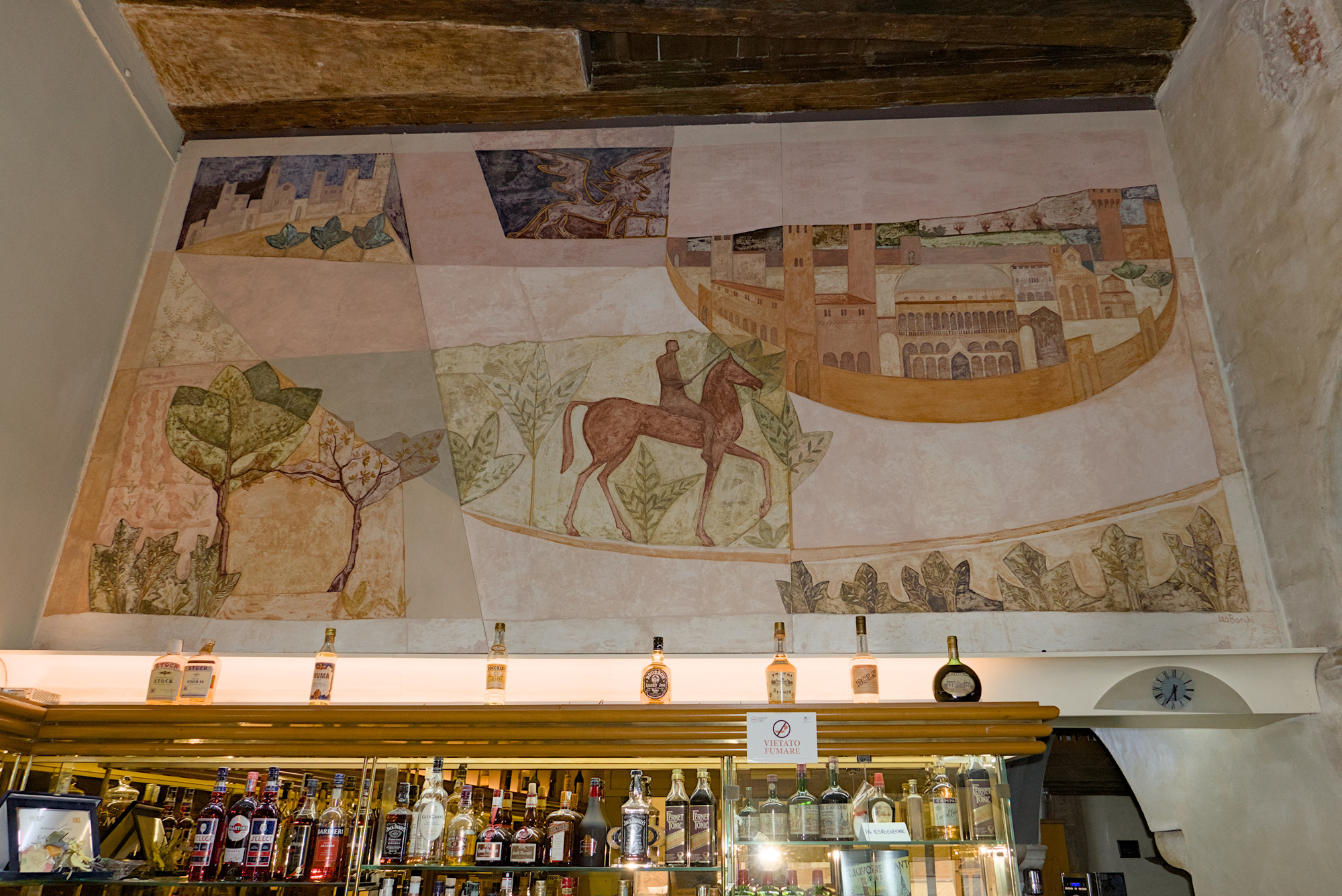 Leo Borghi, affresco dietro il banco del Bar Caffè Gattamelata in piazza del Santo, Padova, anni ottanta