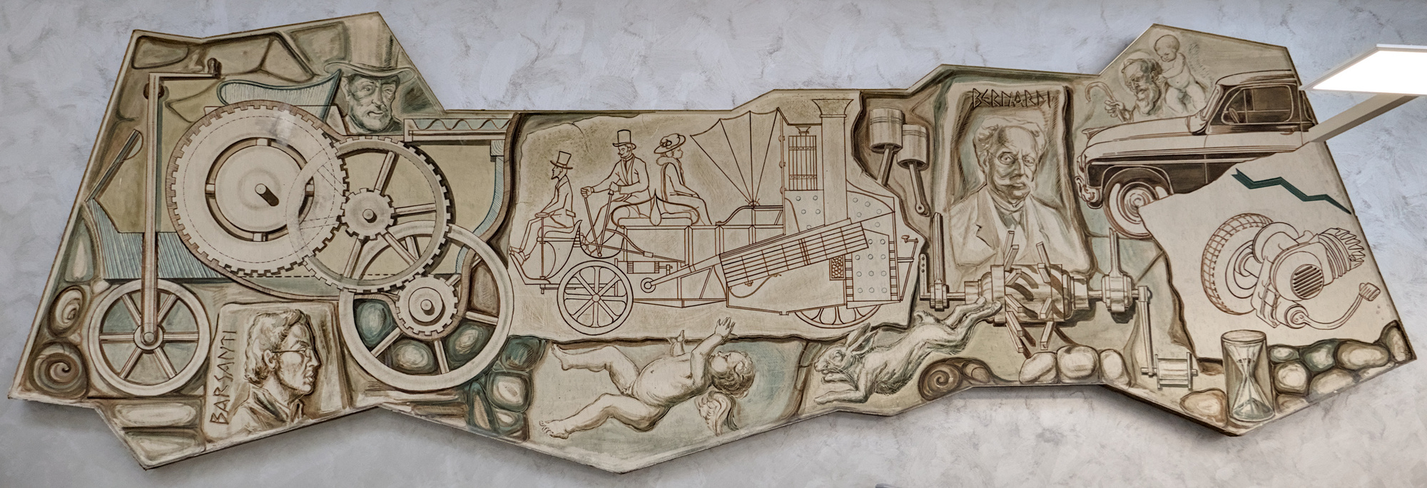 Amleto Sartori, *Le macchine e la velocità*, grande pannello su supporto ligneo, 1943, Automobile Club d'Italia (ACI), via degli Scrovegni 19, Padova