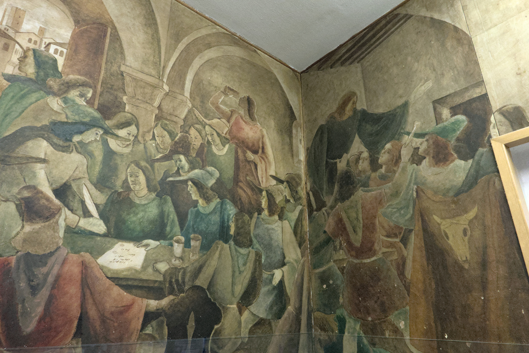 Antonio Menegazzo (Amen), pittura su compensato a soggetto goliardico, 1947, Bar di palazzo Bo, via VIII Febbraio, Padova