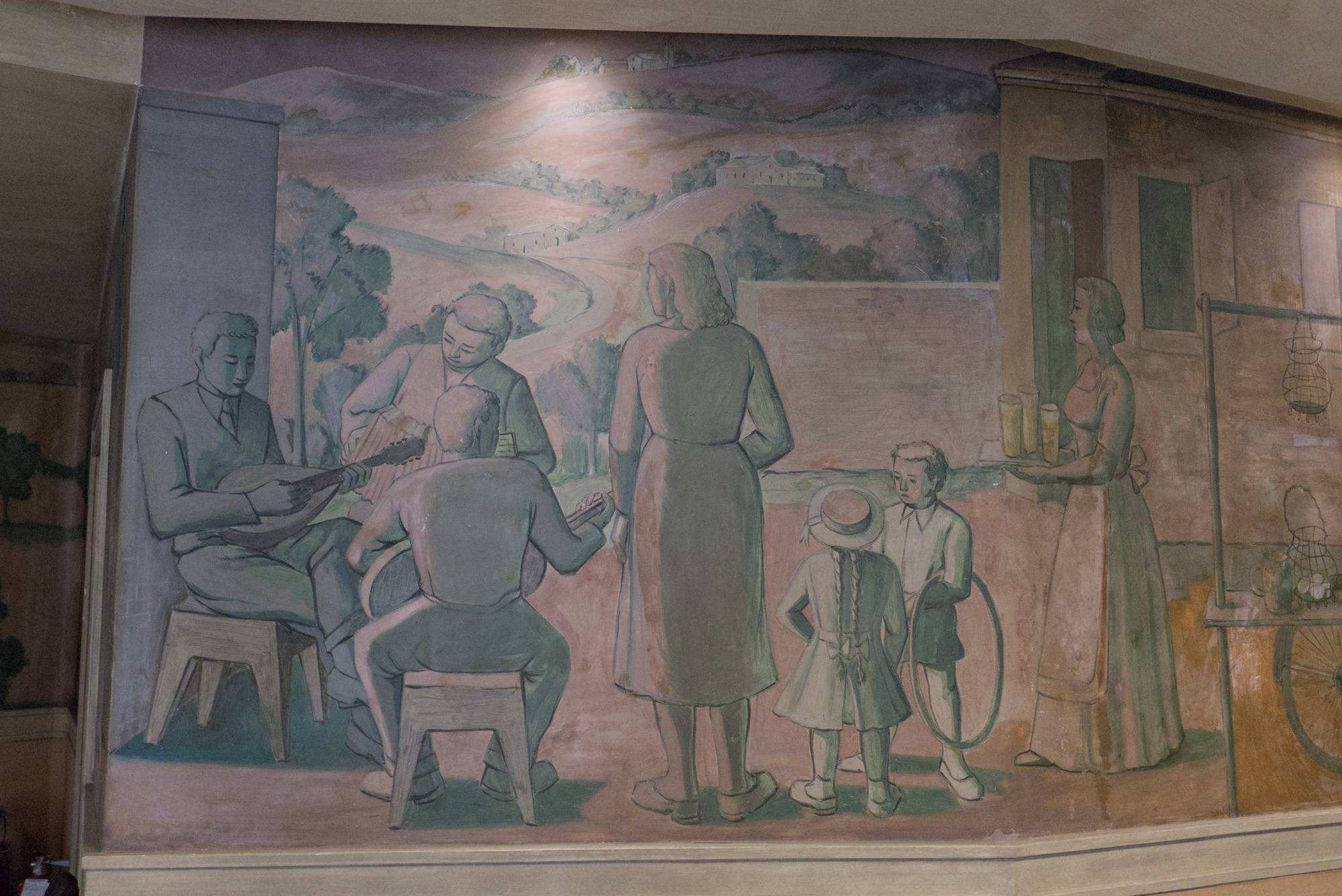 Fulvio Pendini, grande pittura murale con scene di vita conviviale, 1950, piazzale Stanga, Complesso Bi.Ri. o Autostazione Trionfo (Giulio Brunetta, 1949-50), Padova