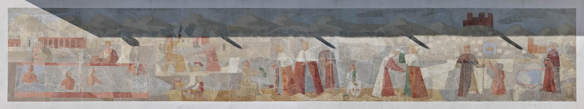Fulvio Pendini, affresco dedicato alla leggenda di Berta,1958, Ufficio turistico (Giulio Genta, anni cinquanta). In basso a destra cartiglio dipinto con iscrizione *Mario Saggin ideò, Fulvio Pendini compose e dipinse*, 1958, viale Stazione 56, Montegrotto Terme (Padova)