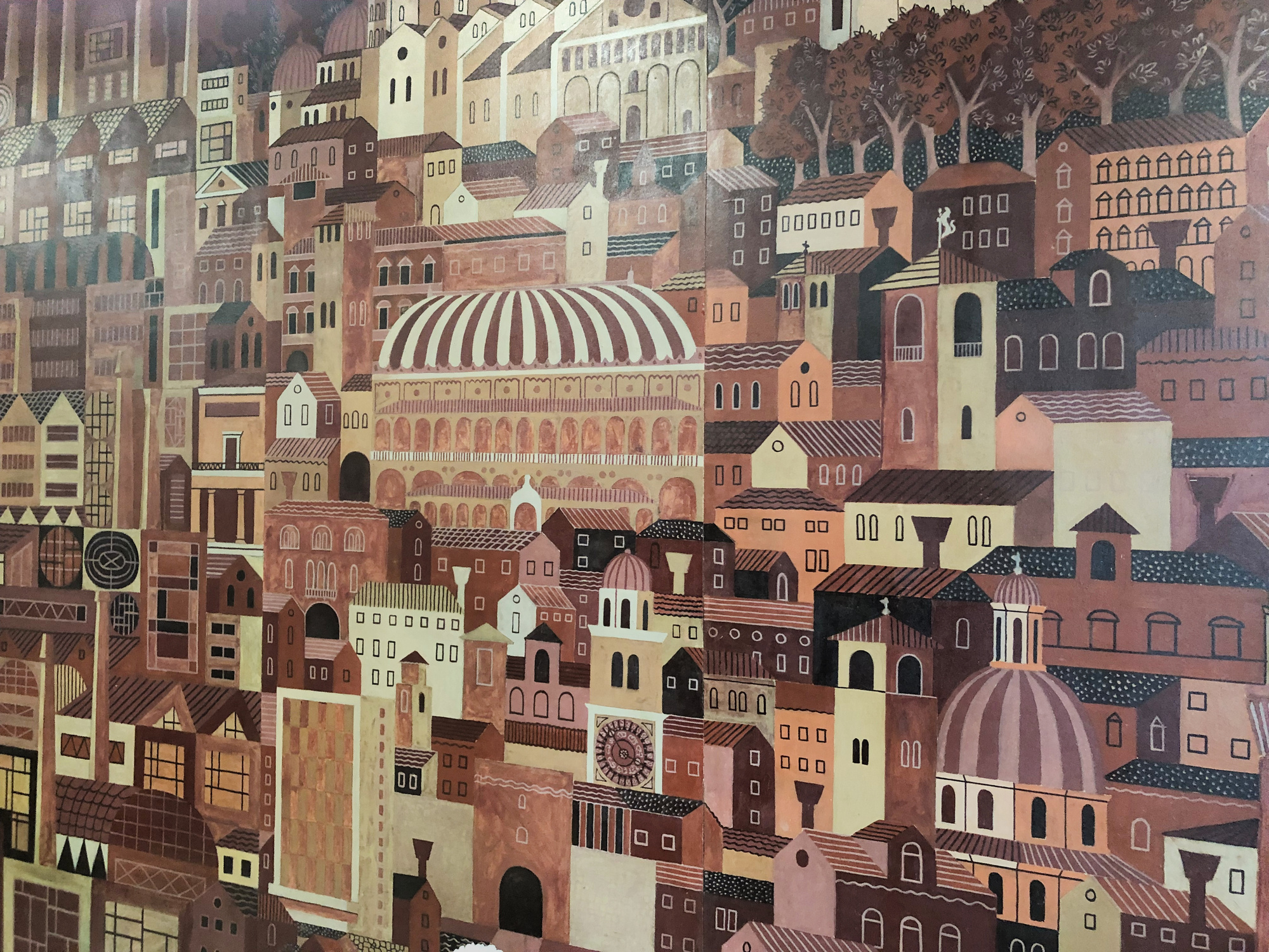Fulvio Pendini, grande dipinto su masonite, 1958, banca Monte dei Paschi di Siena, via della Provvidenza 3, Padova