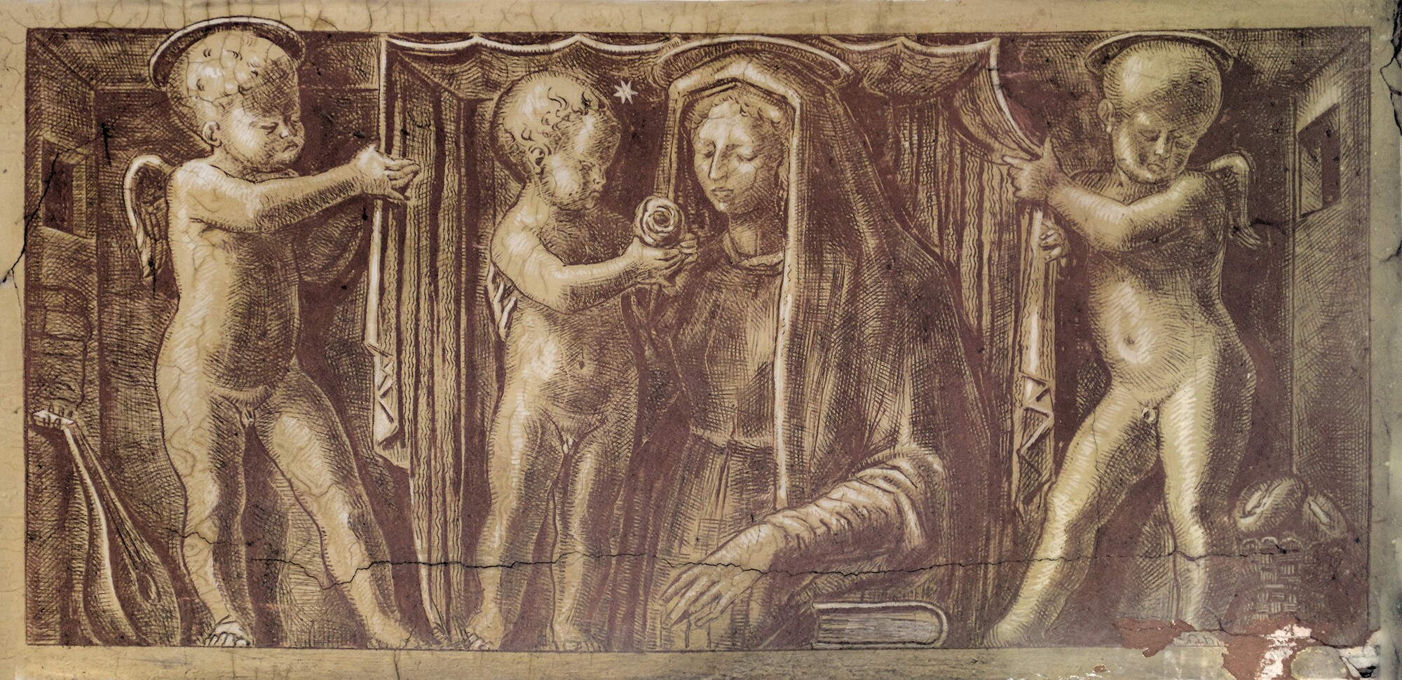 Amleto Sartori, *Madonna con Bambino e putti*, graffito a sanguigna, immediato secondo dopoguerra, via Dante 6, Padova