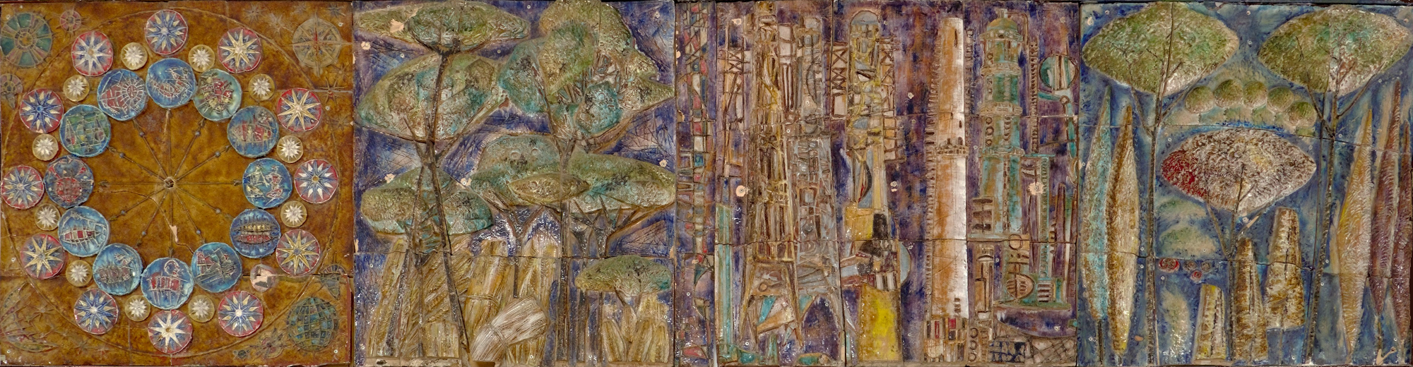 Angelo Biancini [smalti di Uberto Zannoni (attrib.)], grande pannello ceramico sulla parete nell'atrio dell'Ospedale Sant'Antonio, post 1954 - ante 1962, via Jacopo Facciolati 71, Padova
