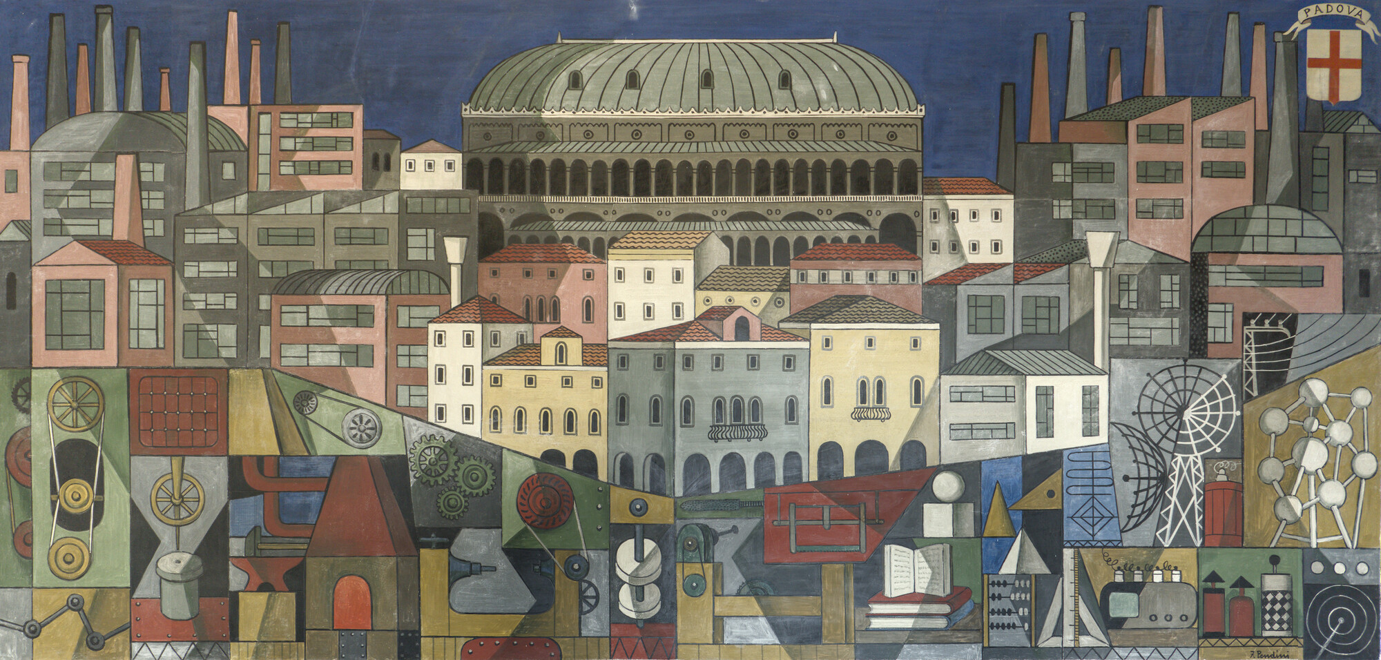 Fulvio Pendini, *Padova*, 1960, città venete rappresentate in un grande affresco all'istituto G. Marconi (1955), via Alessandro Manzoni 80, Padova