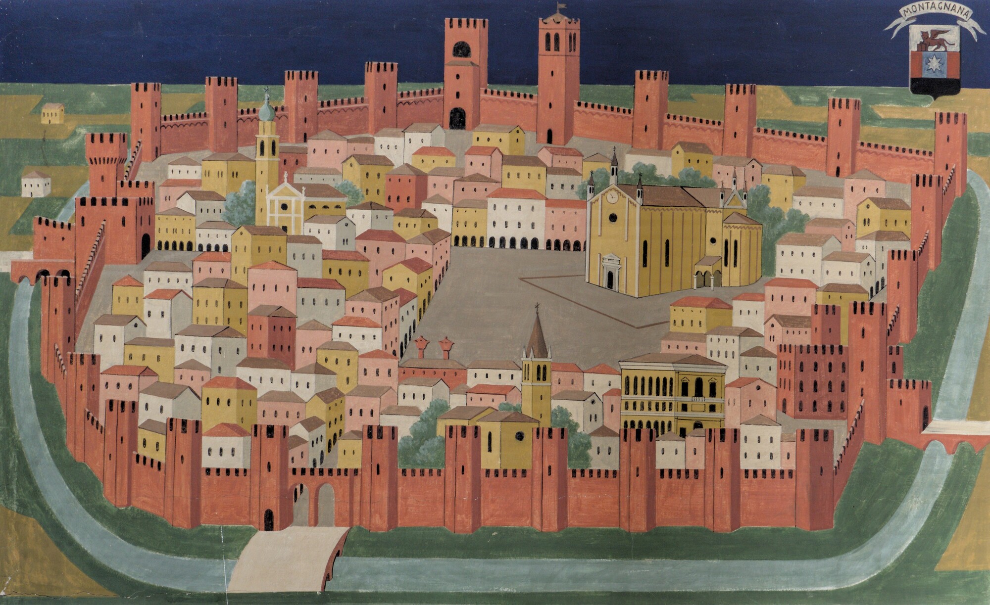 Fulvio Pendini, *Montagnana*, 1960, città venete rappresentate in un grande affresco all'istituto G. Marconi (1955), via Alessandro Manzoni 80, Padova