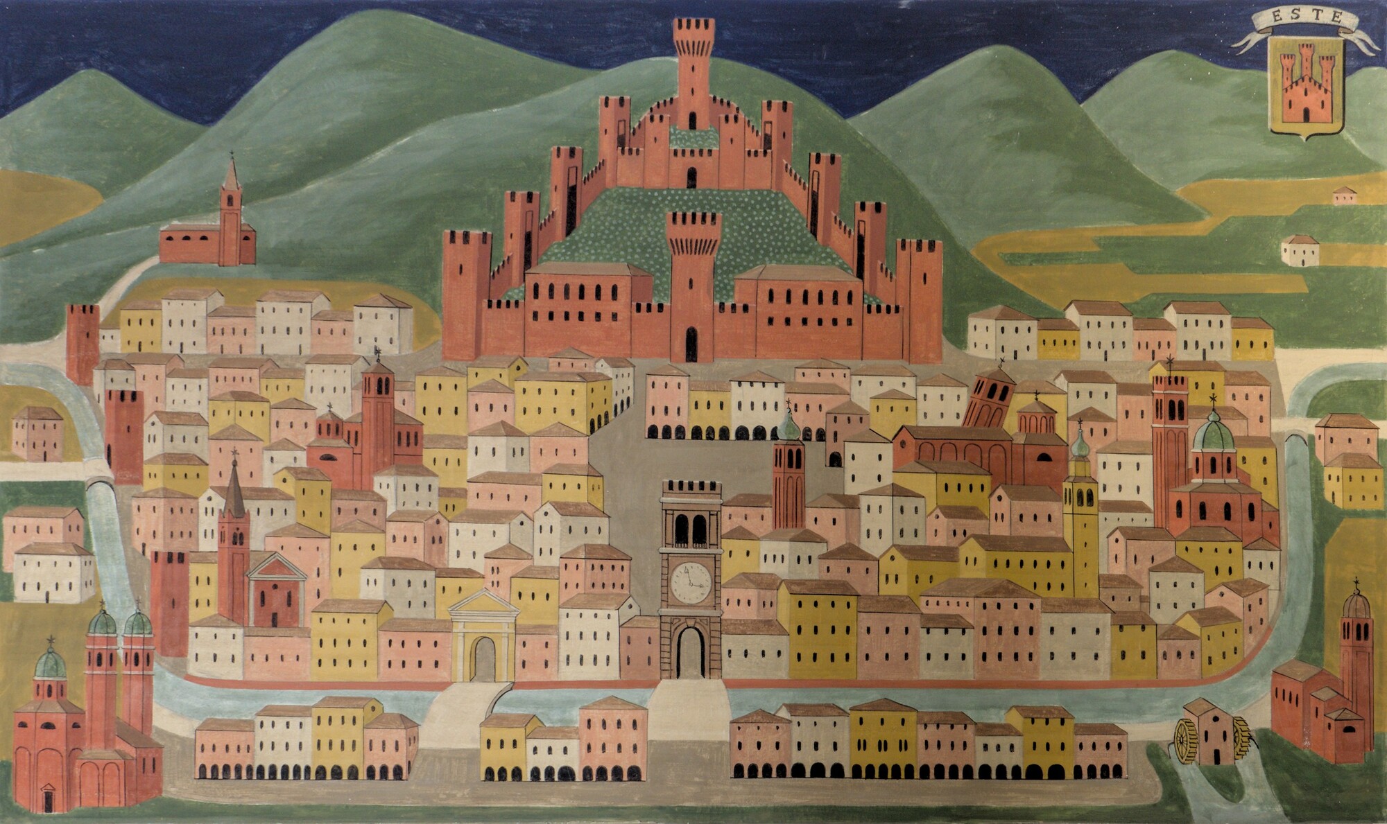 Fulvio Pendini, *Este*, 1960, città venete rappresentate in un grande affresco all'istituto G. Marconi (1955), via Alessandro Manzoni 80, Padova