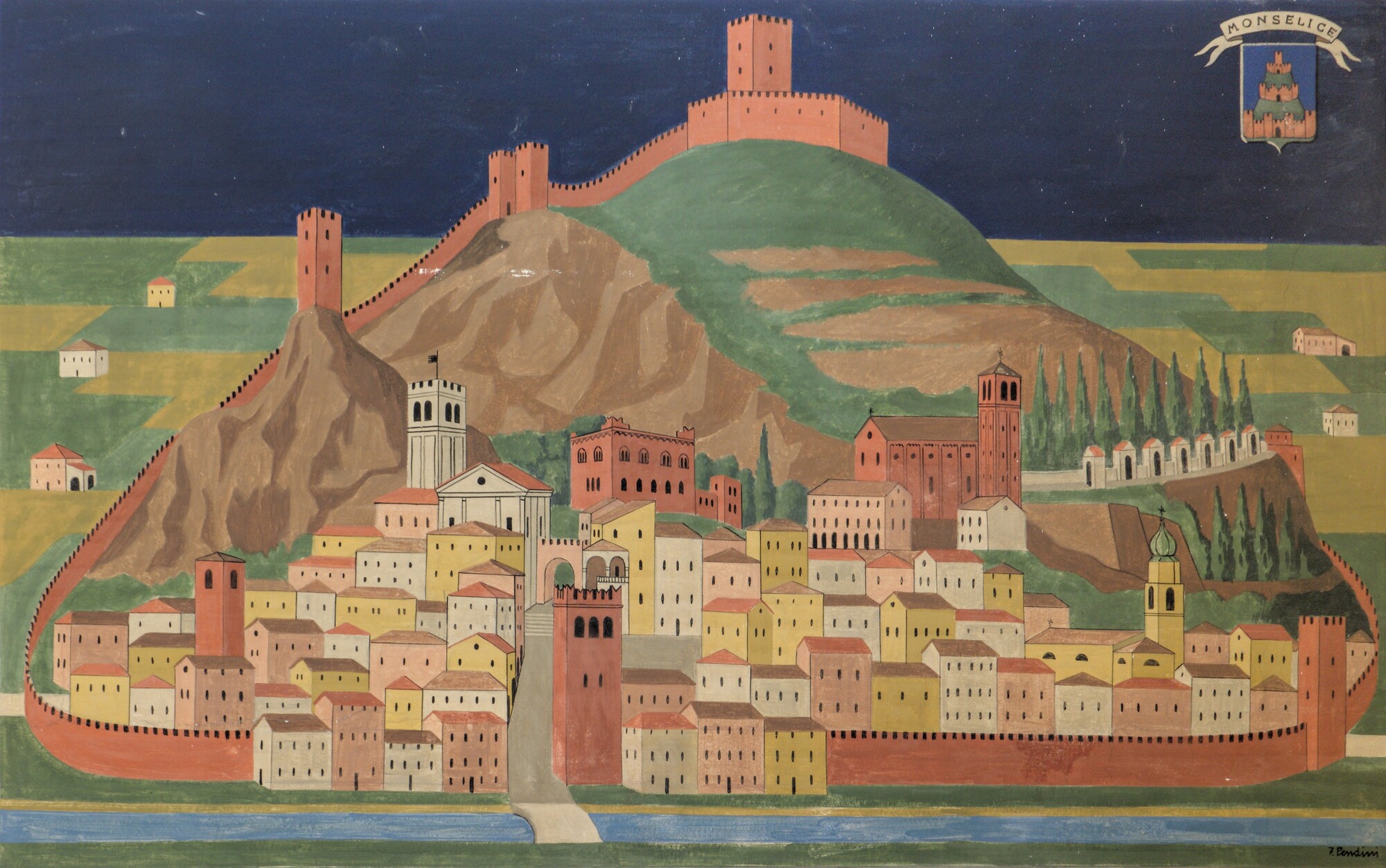 Fulvio Pendini, *Monselice*, 1960, città venete rappresentate in un grande affresco all'istituto G. Marconi (1955), via Alessandro Manzoni 80, Padova