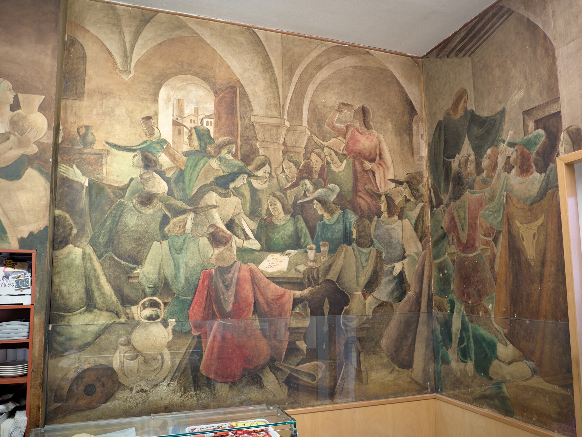 Antonio Menegazzo (Amen), pittura su compensato a soggetto goliardico, 1947, Bar di palazzo Bo, via VIII Febbraio, Padova
