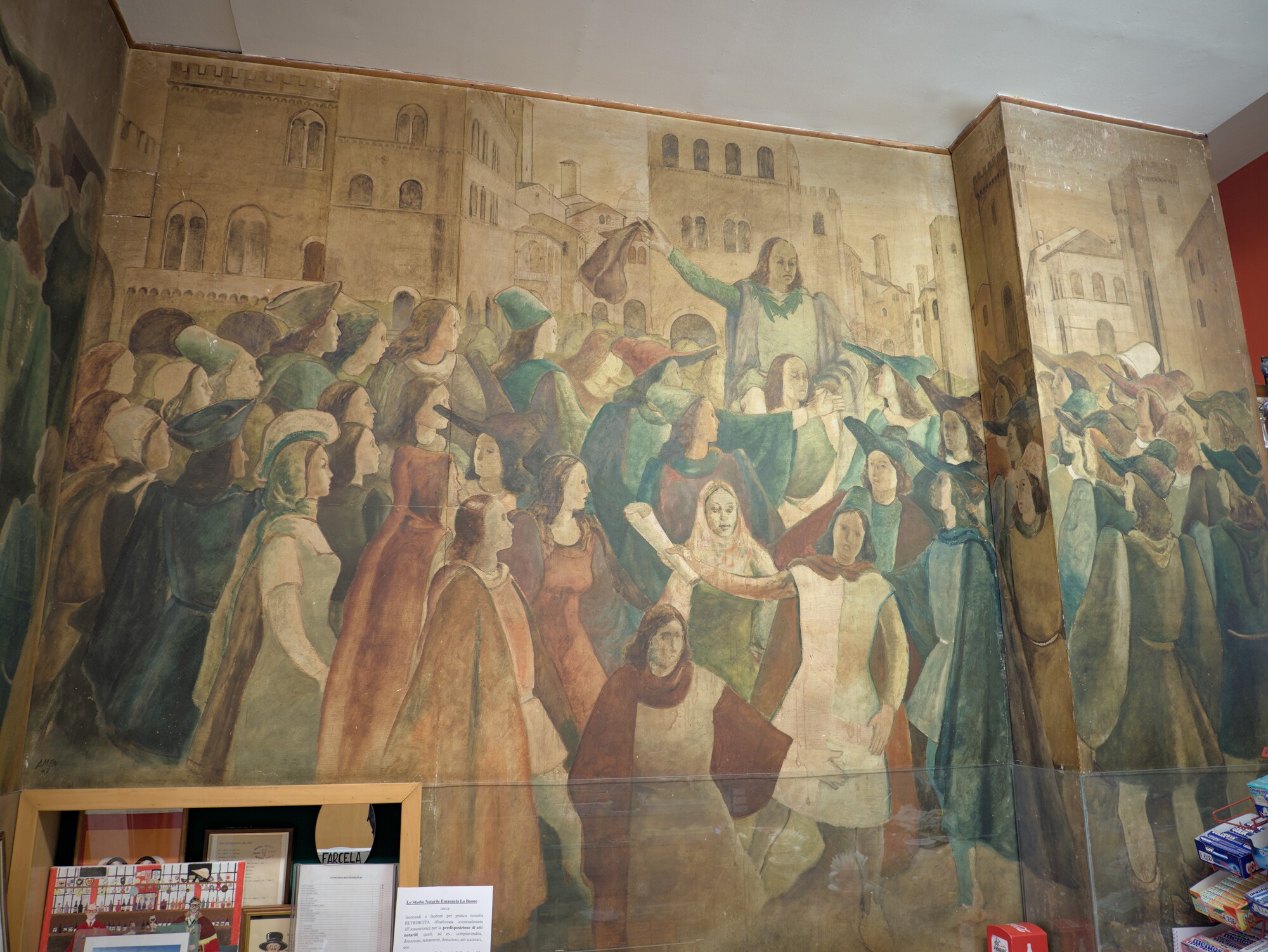 Antonio Menegazzo (Amen), pittura su compensato a soggetto goliardico, 1947, Bar di palazzo Bo, via VIII Febbraio, Padova
