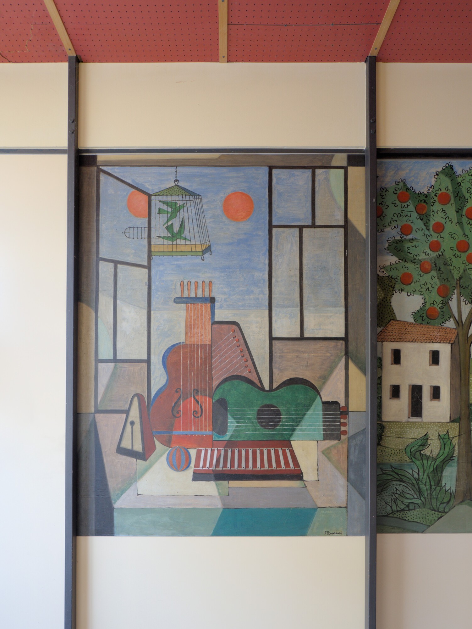 Fulvio Pendini, pannelli dipinti, ingresso di condominio, via Michelangelo Buonarroti 95, Padova