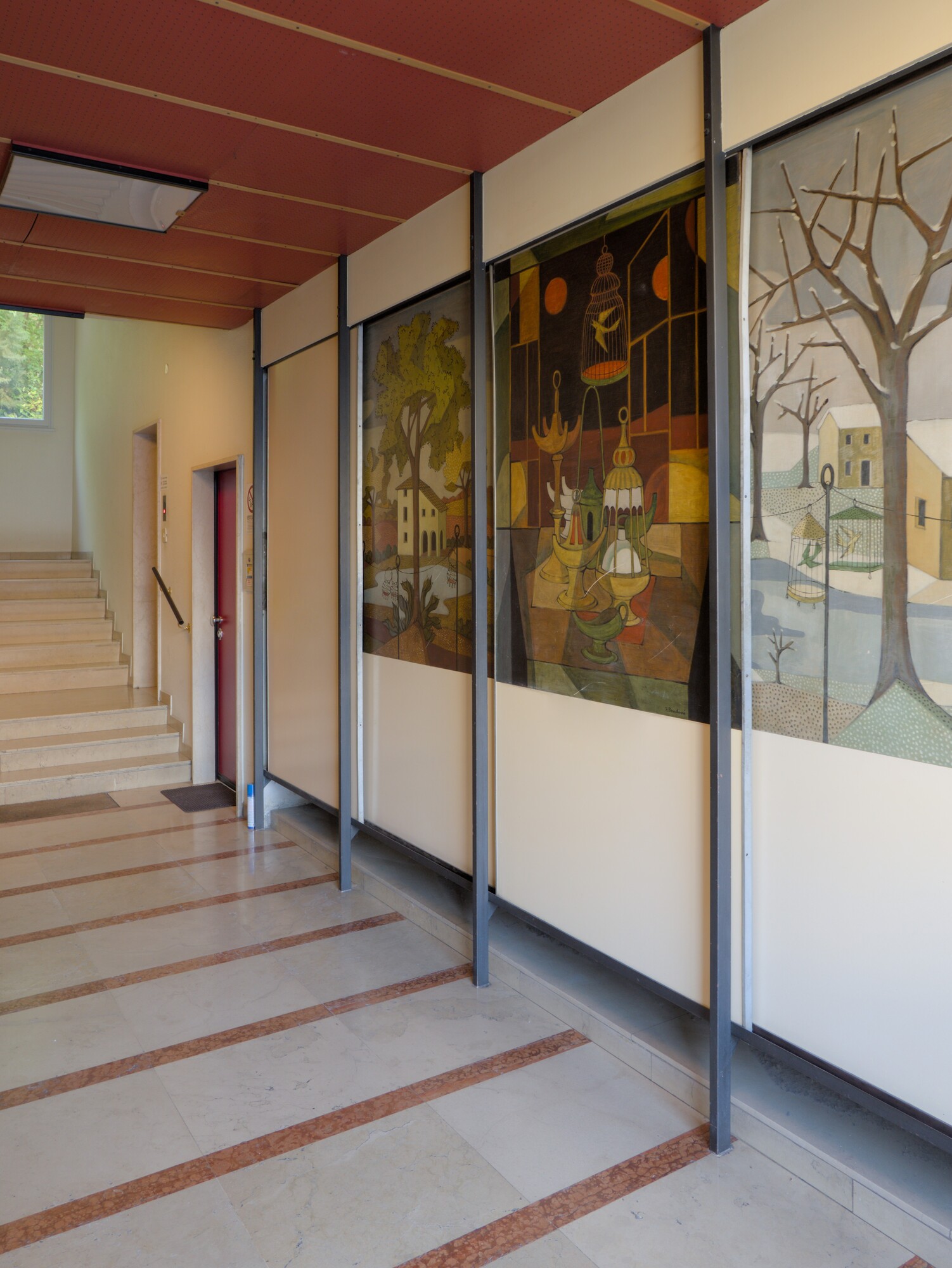 Fulvio Pendini, pannelli dipinti, ingresso di condominio, via Michelangelo Buonarroti 95, Padova