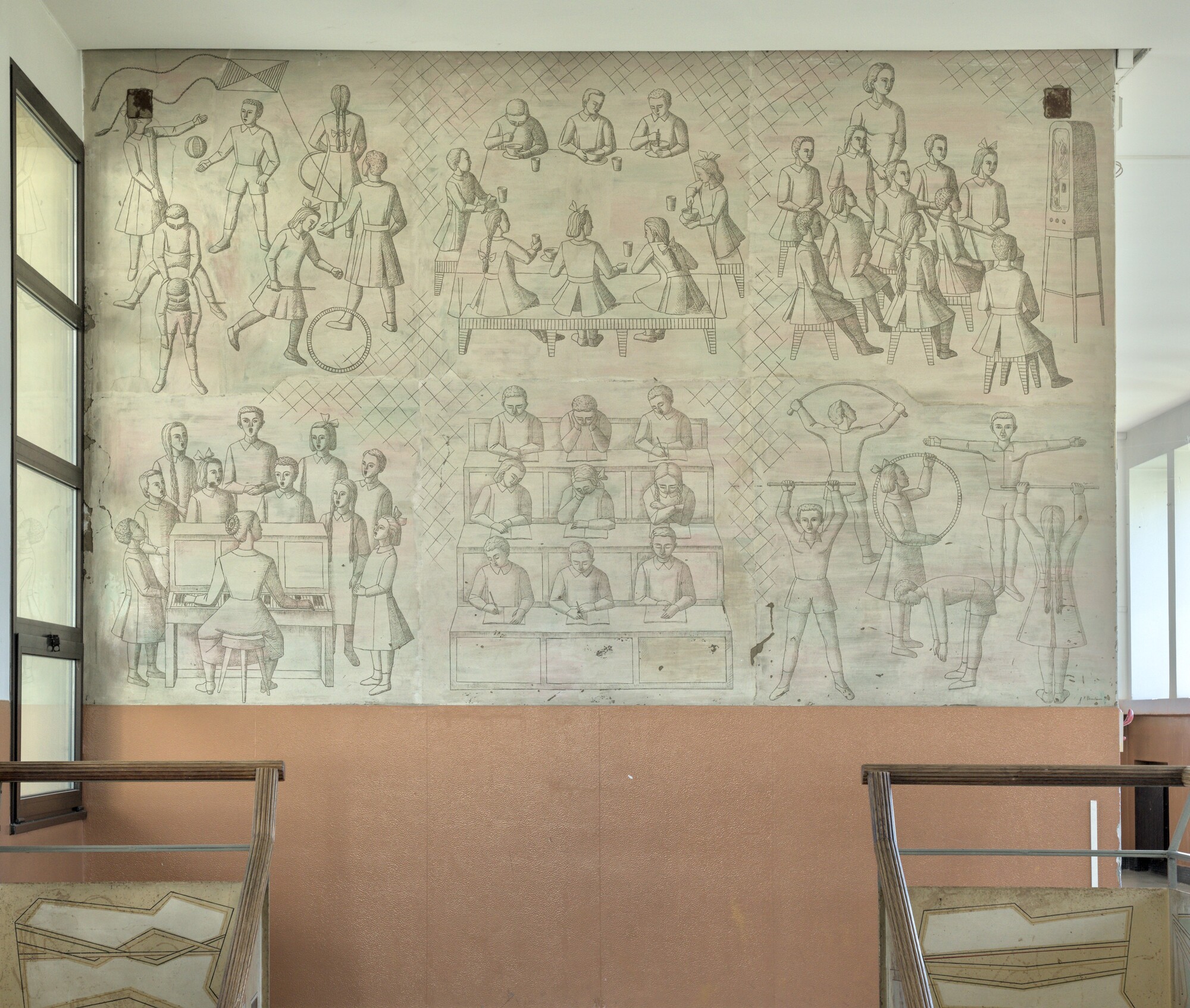 Fulvio Pendini, grande graffito murale, 1958, scuola Ludovico Antonio Muratori (Sergio Pasqualotto, 1952-58), via Dignano 2, Padova