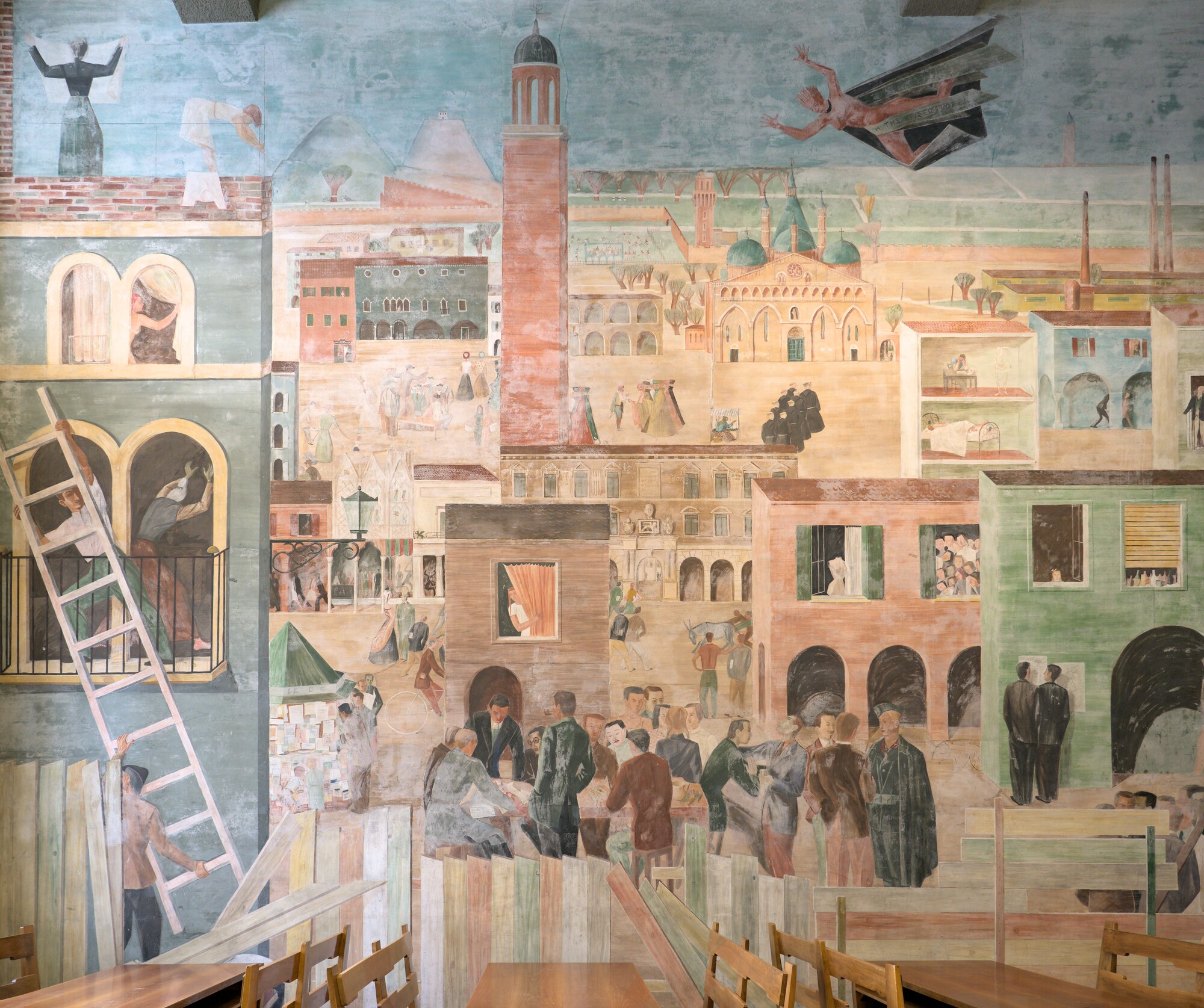 Giorgio Perissinotto (Peri), veduta di Padova con scene goliardiche, grande affresco, 1940, palazzo Bo, aula degli studenti, via VIII Febbraio 2, Padova