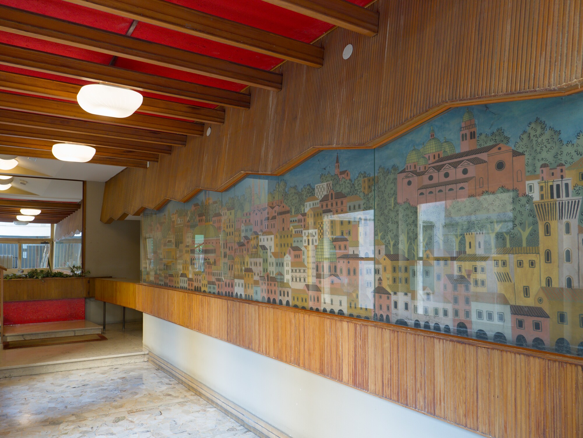 Fulvio Pendini, grande pannello dipinto, 1958, androne di condominio, complesso edilizio (Raoul Pillepich e Gino Rossi, 1955-58), via Beato Pellegrino 100, Padova