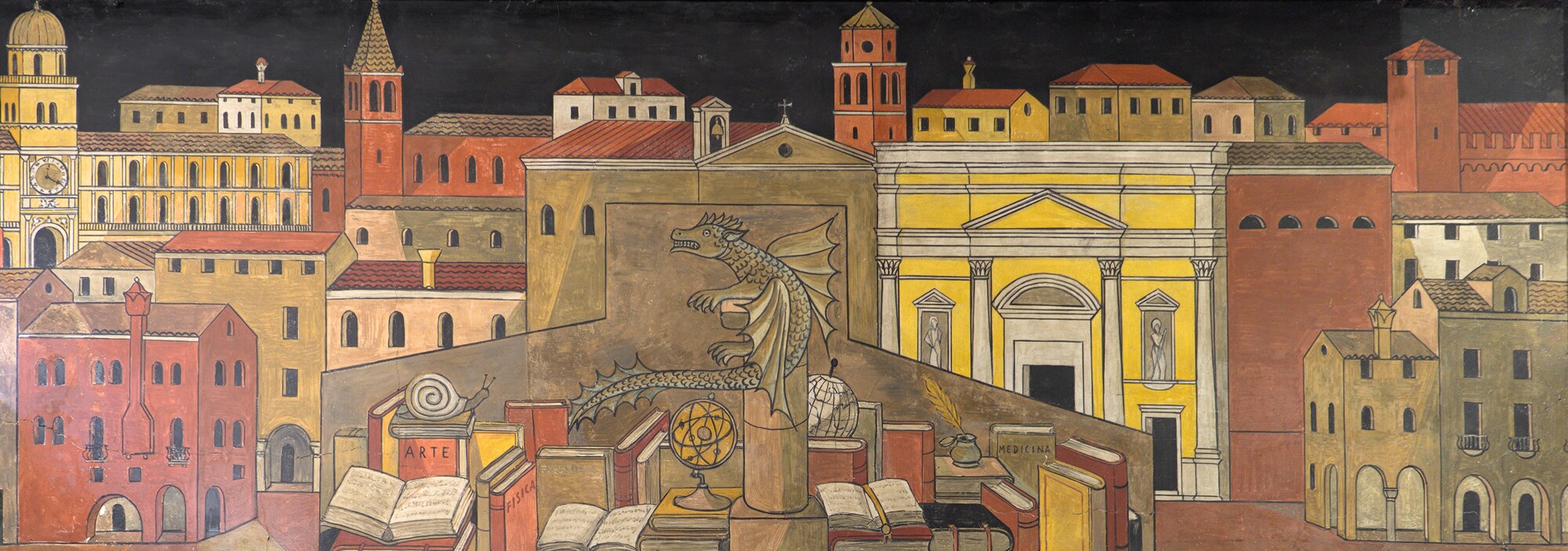 Fulvio Pendini, veduta di Padova con riferimenti iconografici alla libreria Draghi e alla galleria d'arte La Chiocciola, 1963, galleria Santa Lucia, Padova