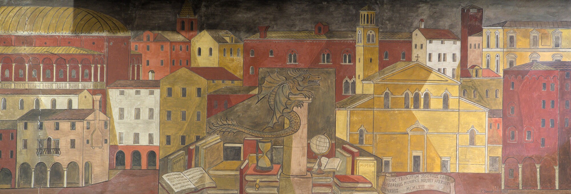 Fulvio Pendini, veduta di Padova con riferimenti iconografici alla libreria Draghi, iscrizione: *Hunc transitum Josephus Randi Librarius munifice voluit aperuit ornavit MCMLXIII*, 1963, galleria Santa Lucia, Padova